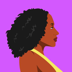 portrait of african woman with curly hairstyle. side view. diversity. suitable for avatar, social media profile, print, etc. flat vector graphic.