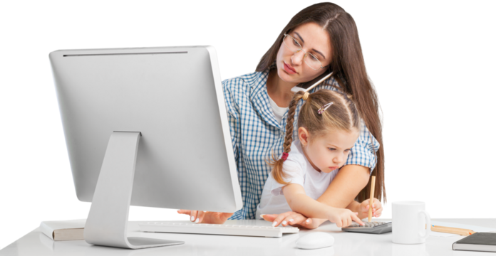 Concept of work from home. Mom and child are sitting at the desk.