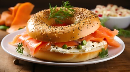 Freshly baked bagel filled with smoked salmon and cream cheese on a wooden board and table. A healthy breakfast food.