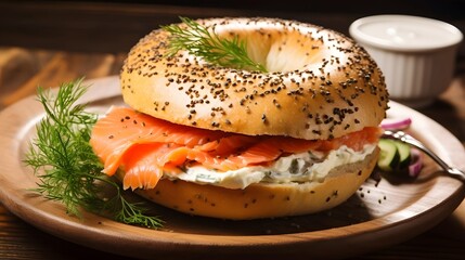 Freshly baked bagel filled with smoked salmon and cream cheese on a wooden board and table. A healthy breakfast food. - obrazy, fototapety, plakaty