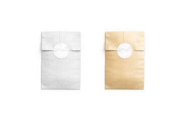 Blank white and craft rectangle paper bag with sticker mockup