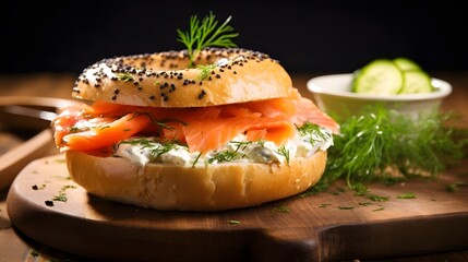 Freshly baked bagel filled with smoked salmon and cream cheese on a wooden board and table. A healthy breakfast food.