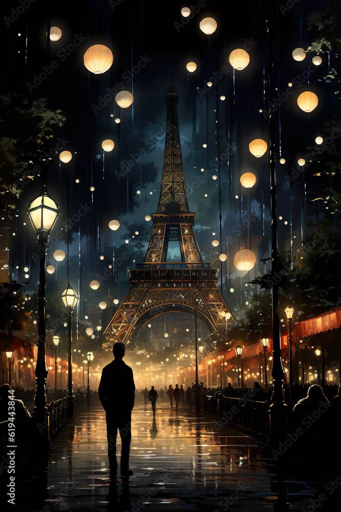 Poster a man is standing in the rain in front of the eiffel tower. generative ai.