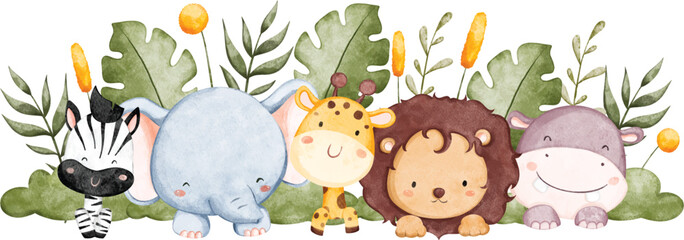 Watercolor Illustration safari animals in garden with tropical leaves © Stella