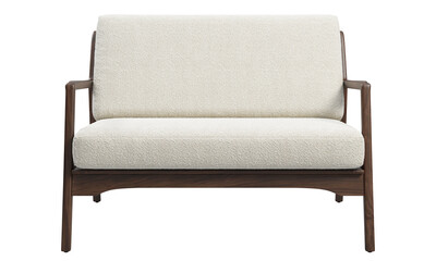 Midcentury boucle fabric upholstery loveseat sofa with wooden base. 3d render