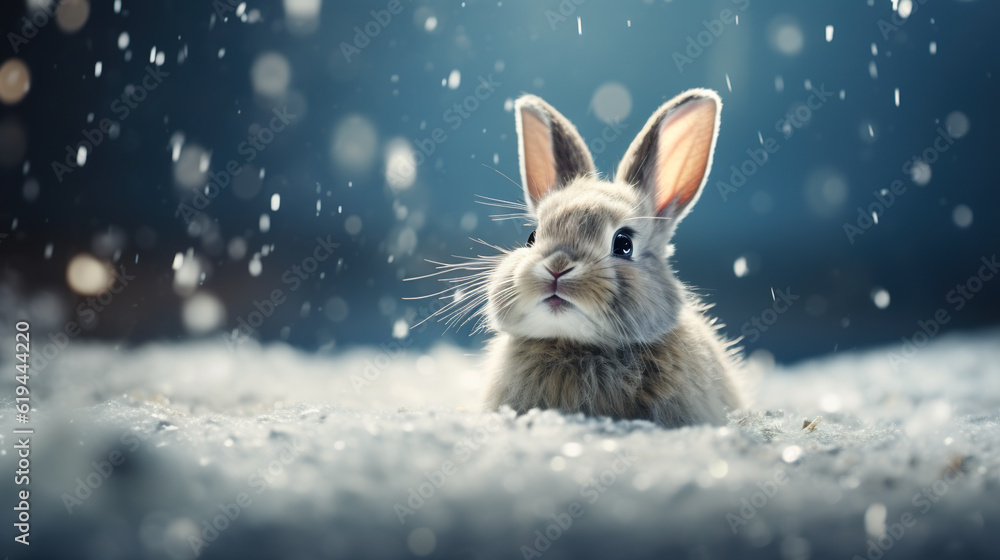 Poster a rabbit is sitting in the snow in the snow. generative ai.