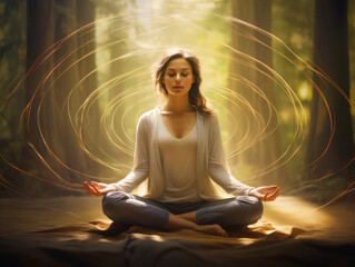 A woman in lotus pose in the forest, practicing yoga meditation and mindfulness exercises until wellness and awareness. Relaxation time - Generative AI