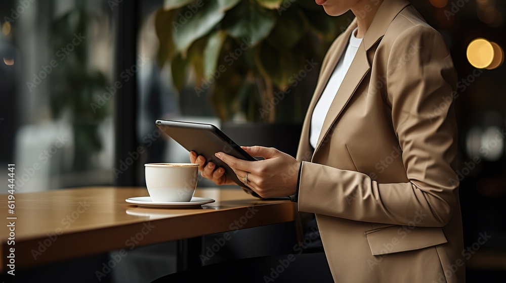 Poster businessman working on tablet computer in cafe. generative ai