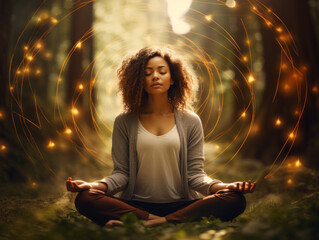 A woman in lotus pose in the forest, practicing yoga meditation and mindfulness exercises until wellness and awareness. Relaxation time - Generative AI - obrazy, fototapety, plakaty