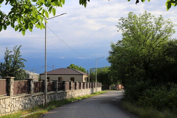 A village on the mountain slopes of the Greater Caucasus Range.