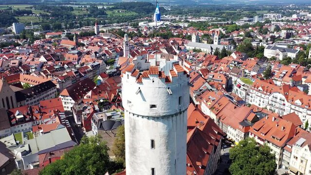 Aerial view, drone video of the flour sack of a historical sight of the city of Ravensburg. Ravensburg, Baden-Wuerttemberg, Germany, Europe
