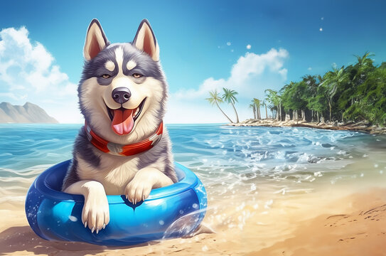 Siberian Husky dog lies with an inflatable ring for swimming on a sandy beach.