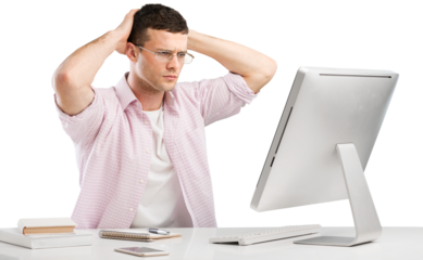 Business young Caucasian man worker speak in glasses look at laptop operational problems. Frustrated man surprised by unexpected error on computer device. Videoconference online chat.