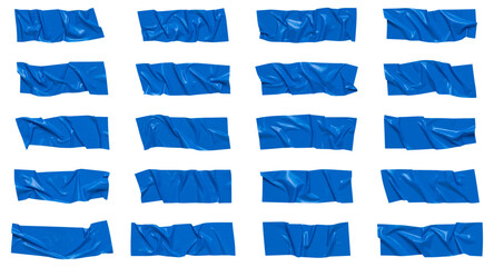 Blue wrinkled adhesive tape isolated on white background. Blue Sticky scotch tape of different sizes.