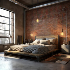 Industrial Chic: A Cozy Bedroom Retreat with a Modern Twist