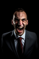 maniacal businessman with a terrifying expression, an evil businessman