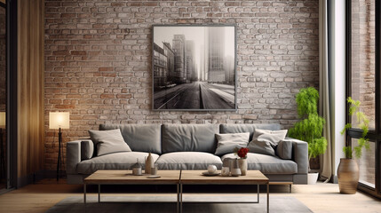 The interior design of a modern apartment, and living room with brick wall. Home design with gray sofa