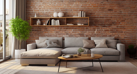The interior design of a modern apartment, and living room with brick wall. Home design with gray sofa