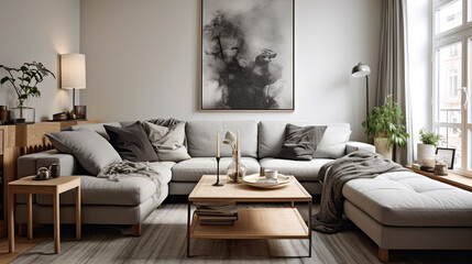 The interior design living room of a modern Scandinavian apartment, living room with gray sofa.