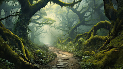 Fototapeta premium landscape fog in the old forest huge trees covered with moss mystical view. Generative AI