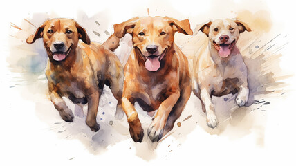 a group of cheerful dogs running on a white watercolor background. Generative AI