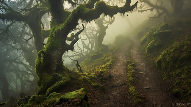 landscape fog in the old forest huge trees covered with moss mystical view. Generative AI