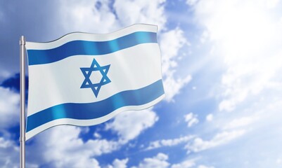 Israel flags over cloudy on blue sky background.