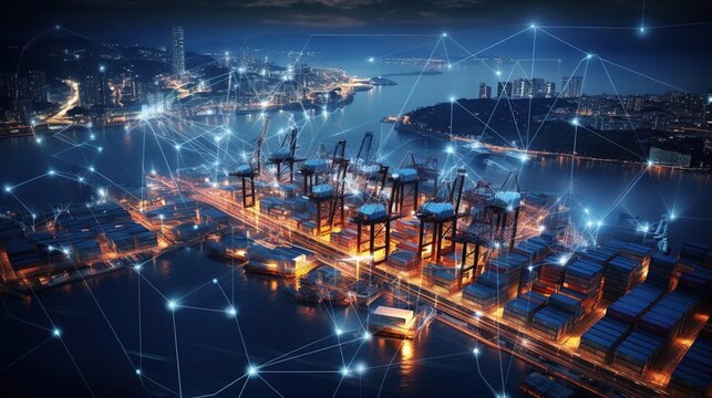 Logistics and transportation, Network distribution of Container Cargo, Ui, Smart logistics, shipping, Online goods orders worldwide, Innovation future, generative ai