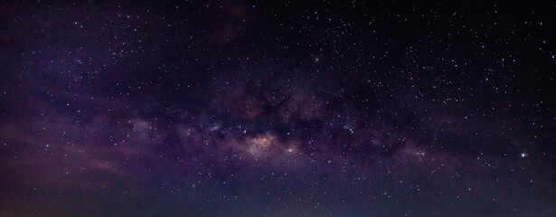 Panorama blue night sky milky way and star on dark background.Universe filled with stars, nebula and galaxy with noise and grain.Photo by long exposure and select white balance.Dark night sky. - obrazy, fototapety, plakaty