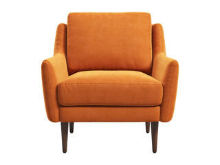 Scandinavian orange velvet upholstery armchair with wooden legs. 3d render.