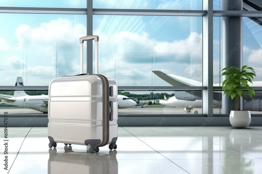 Poster a suitcase is sitting in front of a window. generative ai.