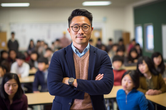 Asian teacher teaching a lesson in a classroom full of students. Back to school and learning concept
