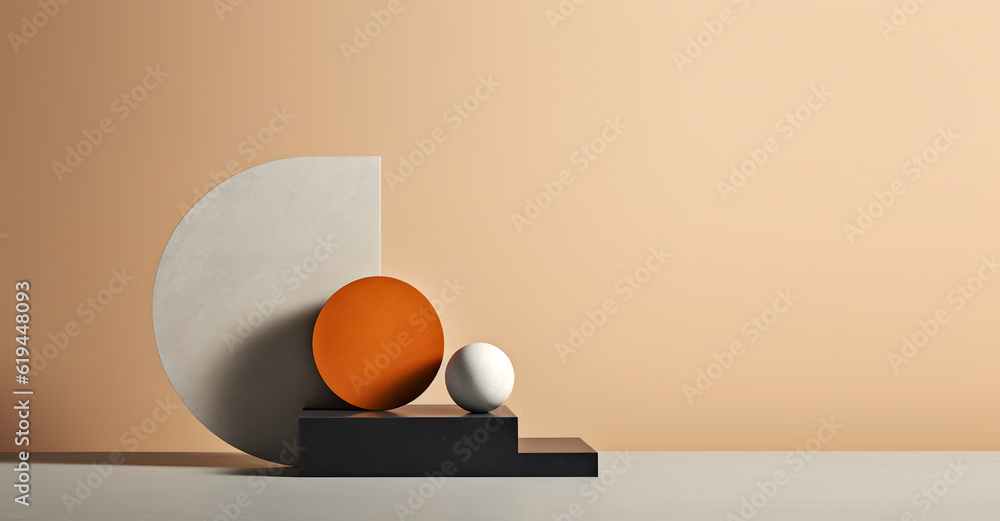 Poster creative mock concept. empty pastel muted abstract large empty textured wall room with deco on table