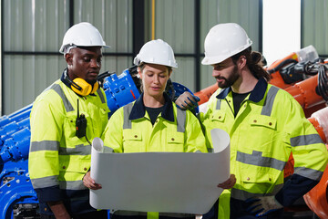 Team of Manager Architectural engineer checks and control automation robot arms machine in an intelligent factory Industry 4.0.
Welding robotics and digital manufacturing operation.