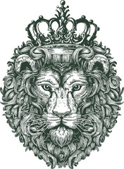 Detailed vector depiction of a lion donning a majestic crown, designed for engraving or transfer onto t shirts.