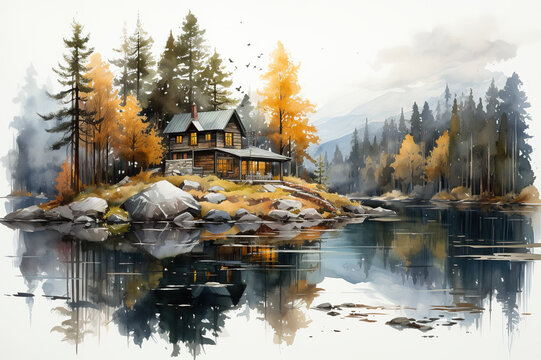 A watercolor painting of a cabin in the woods. Generative AI.