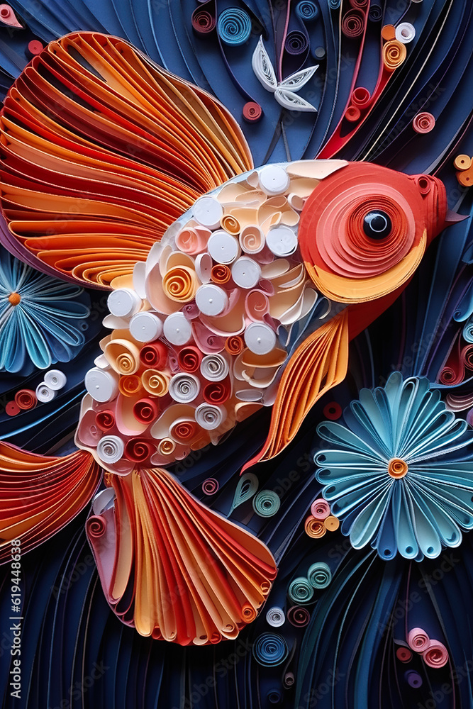 Poster a fish made out of paper with many different colors. generative ai.