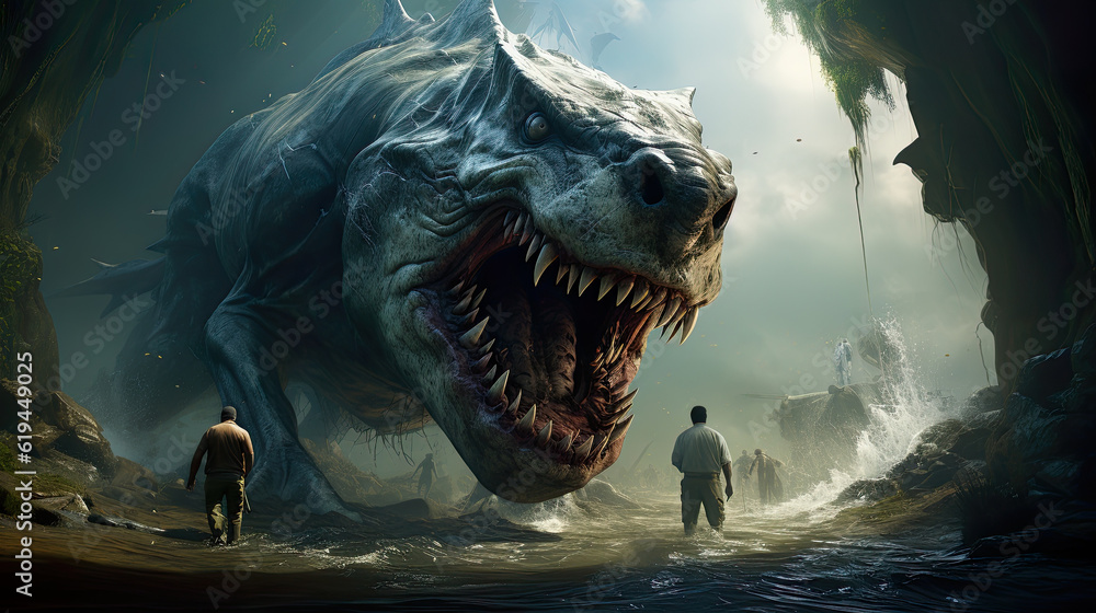 Poster a man standing in front of a giant prehistoric extinct monster attacking humans. generative ai.