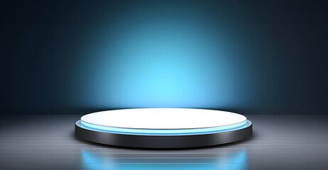 Abstract minimal concept. Modern dark neon glowing podium stage platform display on background room. Mock up template for product presentation. 3D rendering. copy text space