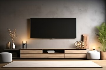 Wall-mounted tv and wooden cabinet. Living room inter. modern living room with a tv. Illustration. Generative AI