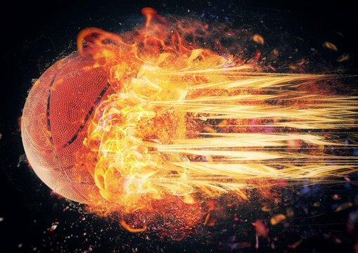 3d illustration of exploding flame basketball ball	