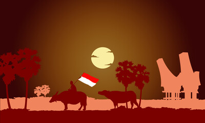 Countryside silhouette background illustration, Toraja tribal landmark, South Sulawesi, Indonesia. symbolizes pride as an Indonesian