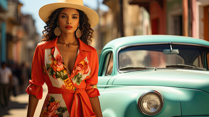 beautiful fashionable blonde woman, summer World of fashion, Cuba, ai generative