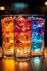 Four colorful glowing ice cubes in a glass. AI generative