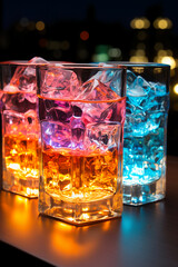Four colorful glowing ice cubes in a glass. AI generative
