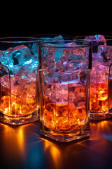 Four colorful glowing ice cubes in a glass. AI generative