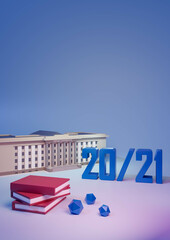 Illustration with the University of Liepāja. 3D graphic model, 20 and 21 numbers, red books, large massive building in miniature size. Blue and pink background.