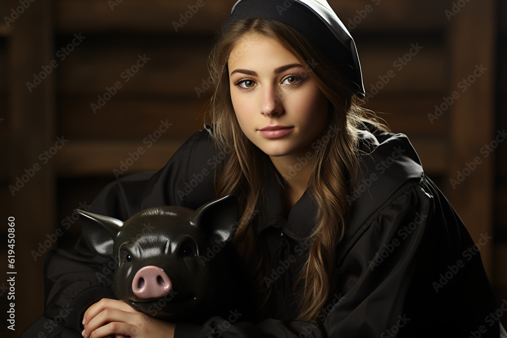 Wall mural a woman in a black coat holding a piggy bank. generative ai.