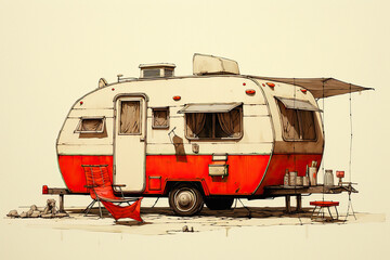 Normads caravan, funny van life, pencil illustration . Ai generative