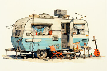 Normads caravan, funny van life, pencil illustration . Ai generative